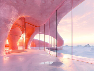 Wall Mural - A pink concrete archway with steps leading to a door that opens to a pink sky and clouds.