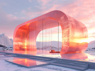 Wall Mural - A pink concrete archway with steps leading to a door that opens to a pink sky and clouds.
