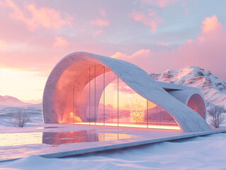 Wall Mural - A pink concrete archway with steps leading to a door that opens to a pink sky and clouds.