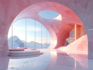 Wall Mural - A pink concrete archway with steps leading to a door that opens to a pink sky and clouds.