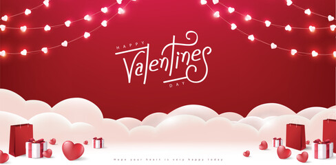 Wall Mural - happy valentine's day banner background with gift box and heart decorate on stage and valentines cal