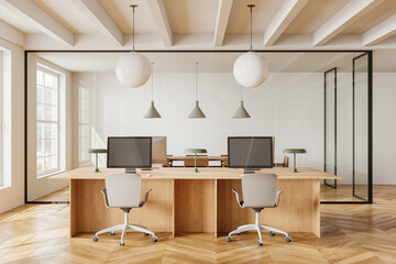 Wall Mural - Workplace in white open space office interior