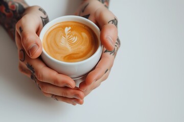 Wall Mural - close-up on male man hands with tattoos holding a cup of coffee espresso or cappuccino on white background