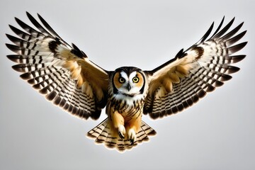 Wall Mural - a high quality stock photograph of a single flying spread winged owl isolated on a white background