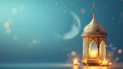 Lamp on brown wooden table with mosque background