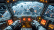 Inside a spacecraft cockpit with hands on controls, navigating through a dense asteroid field in space.
