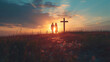 Couple praying together in field in front of cross at sunset