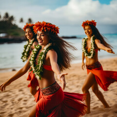 Wall Mural - lifestyle photo hula dancers in hawaii on a beah.