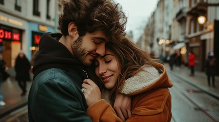 A young couple stood hugging each other on a city street.