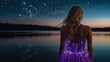 an attractive woman with long blonde hair and a glowing purple led dress on a starry night by the lake