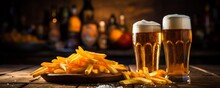 A Glass Of Beer With Chips On A Wooden Table In A Pub. Generative AI.