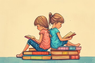 two little girls sitting on books reading