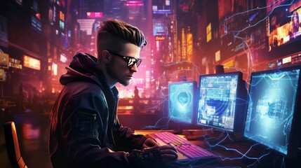Wall Mural - futuristic cyberpunk hacker surrounded by holographic interfaces, code, and virtual reality elements