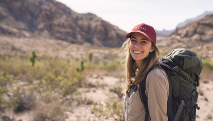 young woman hiking towards the sunset in high desert