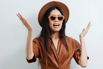 Beautiful woman beige sunglasses hair beauty glamour fashion asian vacations cosmetic model portrait lifestyle