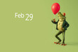 Cute frog wearing green vintage suit holds out a ballon with 