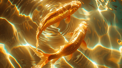 Sticker - Two golden fish swimming in a crystal clear pond. The water appears to be rippling. The pond has a unique texture
