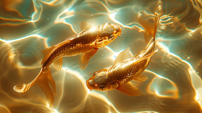 Two golden fish swimming in a crystal clear pond. The water appears to be rippling. The pond has a unique texture