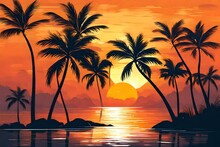 Vector Illustration Of Two Palms On Tropical Sunset