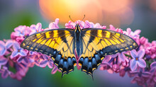 A Vibrant Garden Scene With Colorful Butterflies On Blooming Flowers, Showcasing The Beauty Of Nature In Full Bloom