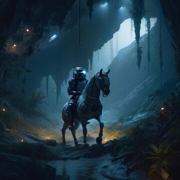 Space marine rides horse through cave in rocky landscape.