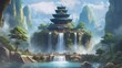 Anime background Temple of heaven with waterfall landscape. Generative AI video looping animation