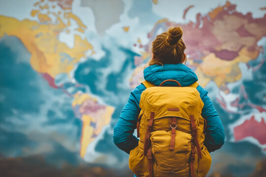 woman wearing blue coat and yellow backpack is standing in front of world map possibly daydreaming a