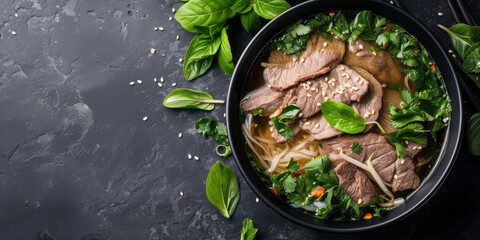 Wall Mural - Aromatic Pho with Fresh Herbs and Chili. A steaming bowl of traditional Vietnamese Pho soup, adorned with basil leaves, chili slices, and vibrant greens, copy space.