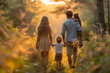 A family enjoys a leisurely stroll amidst the autumn woods, parents and child bonding amidst nature's beauty