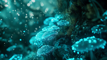 Wall Mural - Underwater organisms with blue jellyfish, providing an enchanting and otherworldly atmosphere