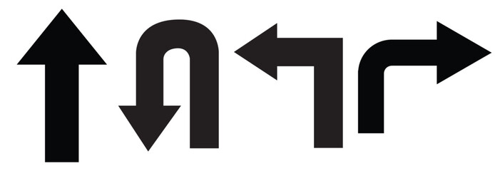 Wall Mural - go straight this way one way only u turn left and right black arrow sign direction icon set. vector 
