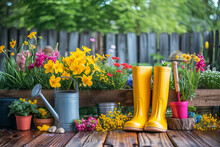 Gardening Tools, Spring Flowers, Gardening Glows, Watering Can On Green Grass In The Garden