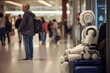 humanoid robot wait alone in airport terminal