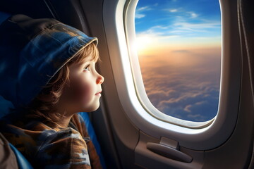 Wall Mural - child boy looks out from airplane window