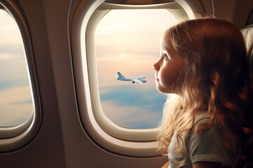 Wall Mural - child girl looks out from airplane window