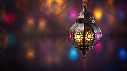 Wall Mural - Beautiful traditional hanging Lamp on shiny background for Islamic Holy Month, Ramadan Mubarak celebration, generative ai, 