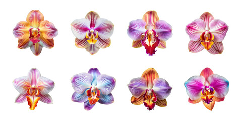 Poster - Collection of multicolored orchid flowers on a transparent background, PNG, top view