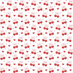 Sticker - Coquette red cherry with bow seamless pattern isolated on white background.