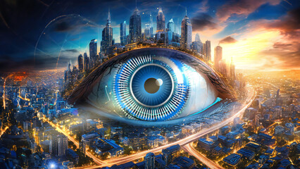 Wall Mural - Abstract graphic background - cyber eye in futuristic style on blurred city silhouette - 3D rendering