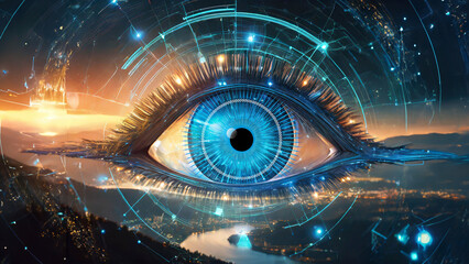Wall Mural - Abstract graphic background - cyber eye in futuristic style on blurred city silhouette on horizon - 3D rendering