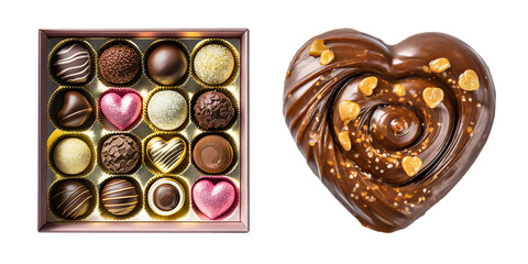 Wall Mural - Box of Assorted Chocolate Truffles and Heart Shaped Chocolate Mousse Cake on Transparent Background, PNG file