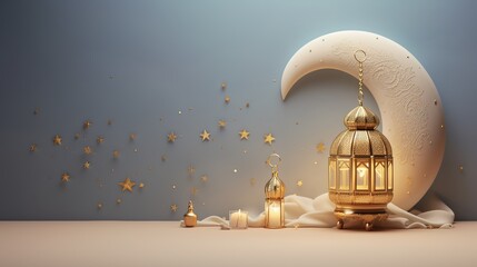 ramadan kareem or eid al adha mubarak with gold crescent moon, bedug drum, lantern and cloud. muslim
