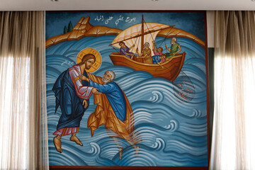 Wall Mural - St Elie (Saint Elias) Greek orthodox church, Rabieh, Lebanon. Jesus walking on water and saving Saint Peter from drowning