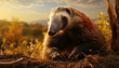 Recreation of an anteater in a field at sunset