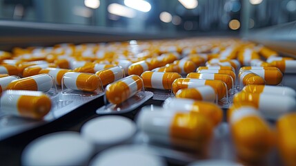 Wall Mural - Cutting-edge pharmaceutical facility with pills in motion on conveyors, highlighting advanced drug manufacturing techniques.