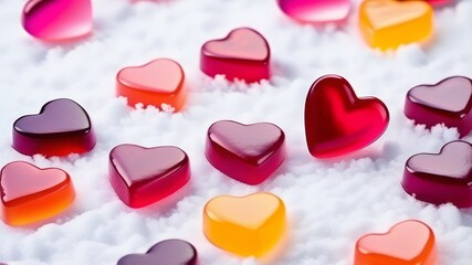 heart-shaped candies, Red gummy love hearts, On white winter snow floor top, couple, love, valentine handcraft symbol pattern