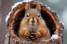 Curious Squirrel Holding A Pine Cone In A Hollow Tree During Autumn