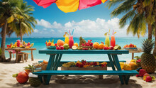 A Colorful Beach Picnic Table Adorned With Tropical Fruits, Refreshing Drinks, And A Variety Of Savory And Sweet Snacks, A Vivid Picture Of The Vibrant Scene And The Joyful