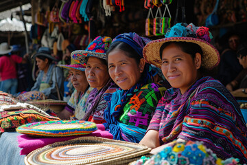 A group of Latin American women sell handicrafts at a flea market.