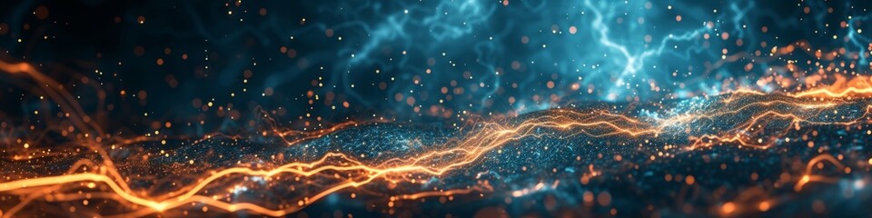 Big data analysis abstract background, depicting a tempest of data with lightning representing moments of clarity and discovery in the tumultuous journey of data exploration.